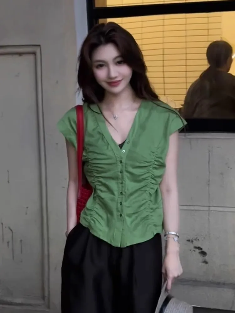 

Летняя женская блузка с V-образным вырезом на одной пуговице, плиссированная, с утяжкой на талии, ультрамягкая, однотонная, приталенная, с коротким рукавом