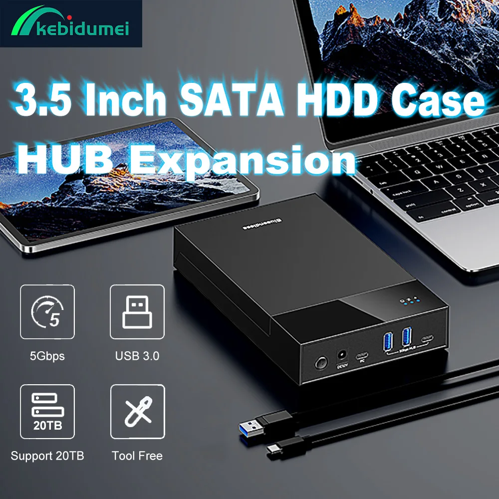 

2.5/3.5 Inch HDD/SSD Enclosure USB3.0 HUB Expansion support 20TB USB C TO SATA Adapter Tool Free HDD Case with 12V Power Adapter