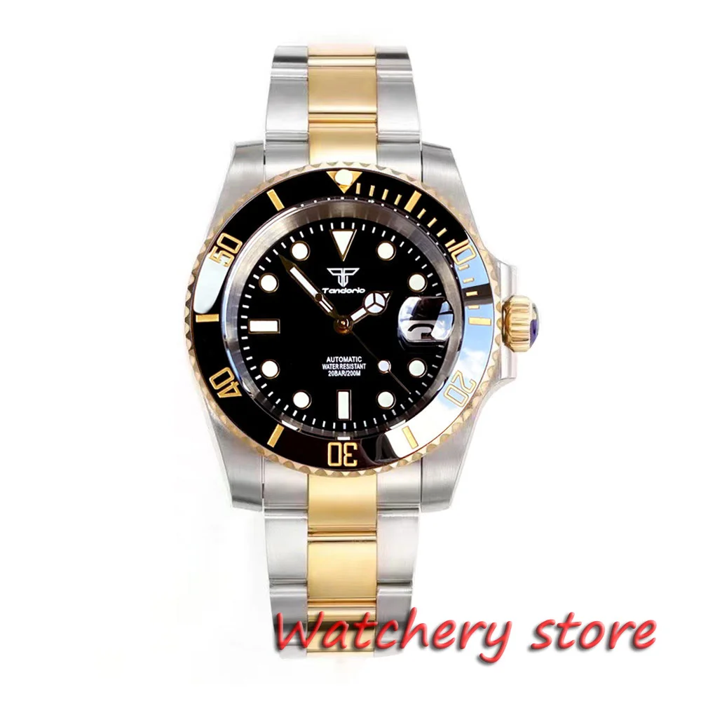 Tandorio 40mm Black Dial NH35A Automatic Movement Men\'s Watches Sapphire Glass Ceramic Bezel Stainless Steel Gold Bracelet