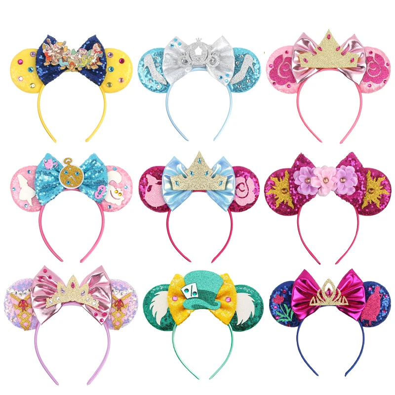

10Pcs/Lot Crown Disney Mouse Ears Headband For Girls Sequin 5"Bow Hairband Princess Children Festival Hair Accessories Wholesale