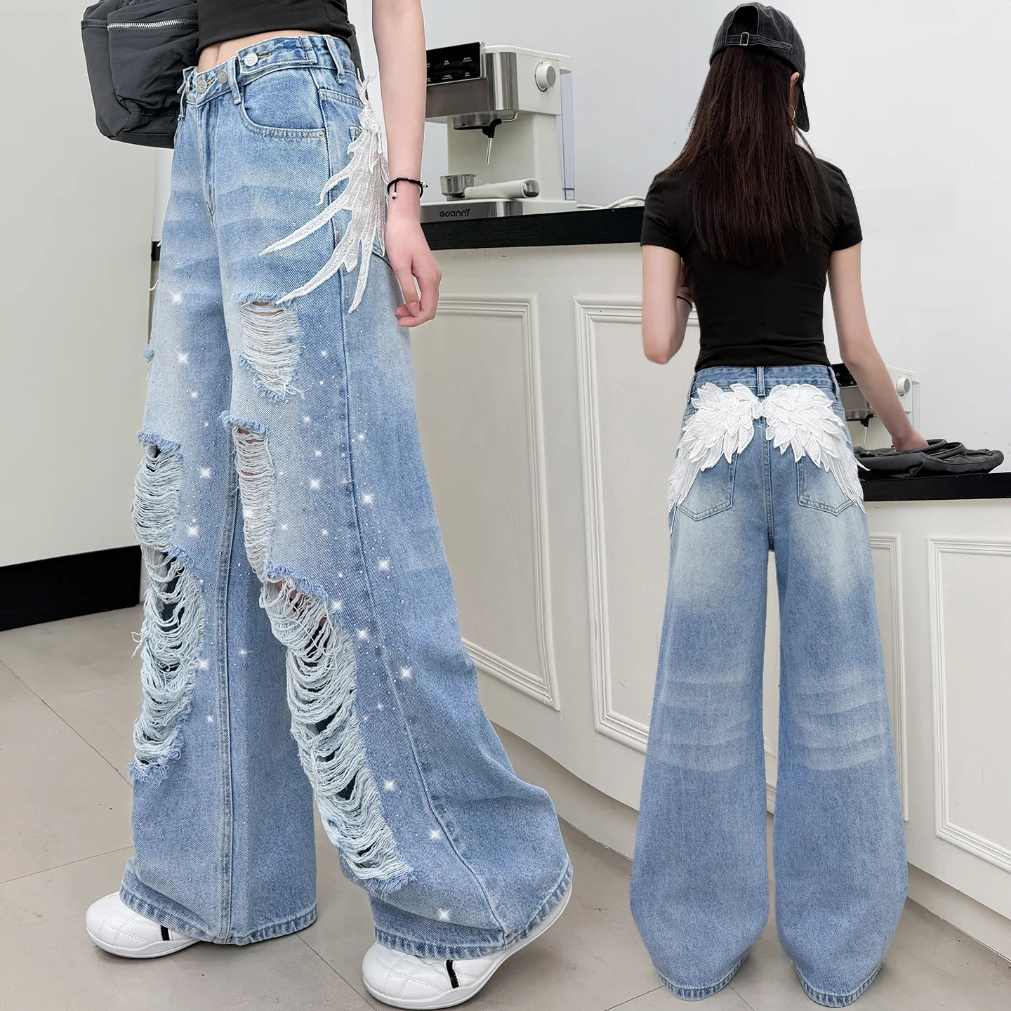 Spring Summer New Girl's Fashion Jeans with Ripped Holes with Sparkle Rhinestone Loose Fit Casual Straight-leg Pants for Kids