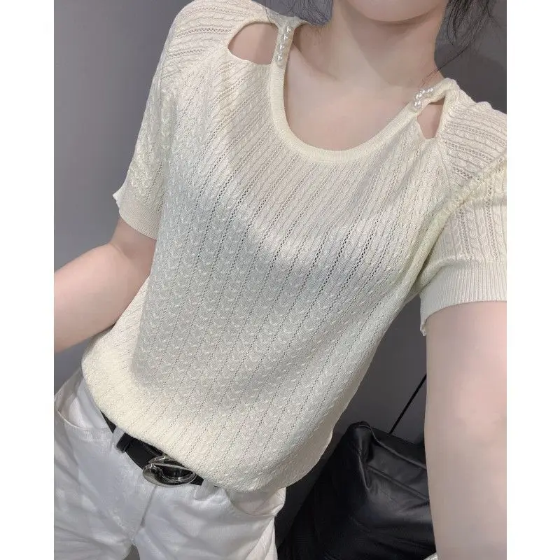 Mujer verano simplicidad Oficina señora Color sólido cuello redondo manga corta prendas de punto finas Tops señoras moda temperamento Casual Tops