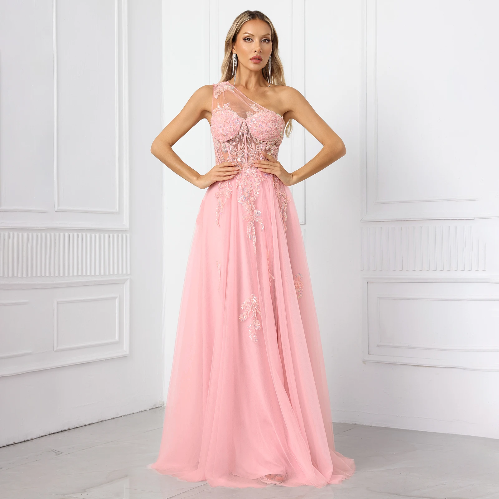 

One Shoulder Sweetheart Elegant Evening Dress Sexy Lace A-Line Prom Dress