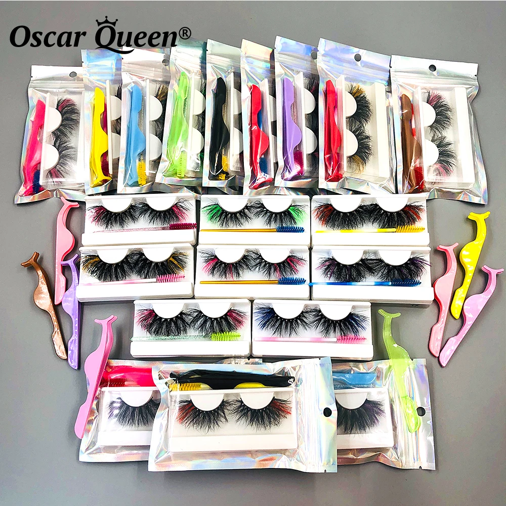 25MM Colorful Mink Lashes Bulk Wholesale Dramatic White Red False Eyelashes Box Package Custom Logo Makeup 3D 5D Colored Lashes