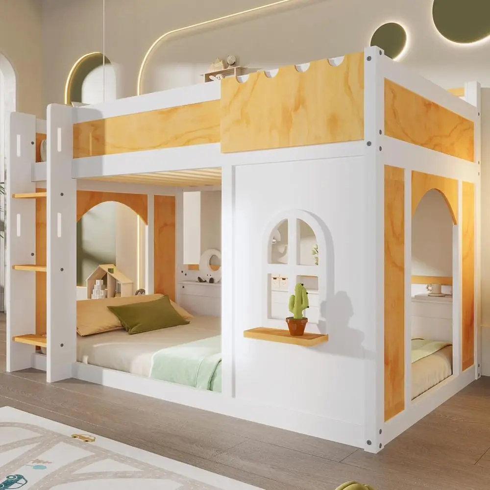 

Twin Over Twin Solid Wood Bunk Bed with Storage, Window, 2 Doors - White & Natural Kids Bedroom