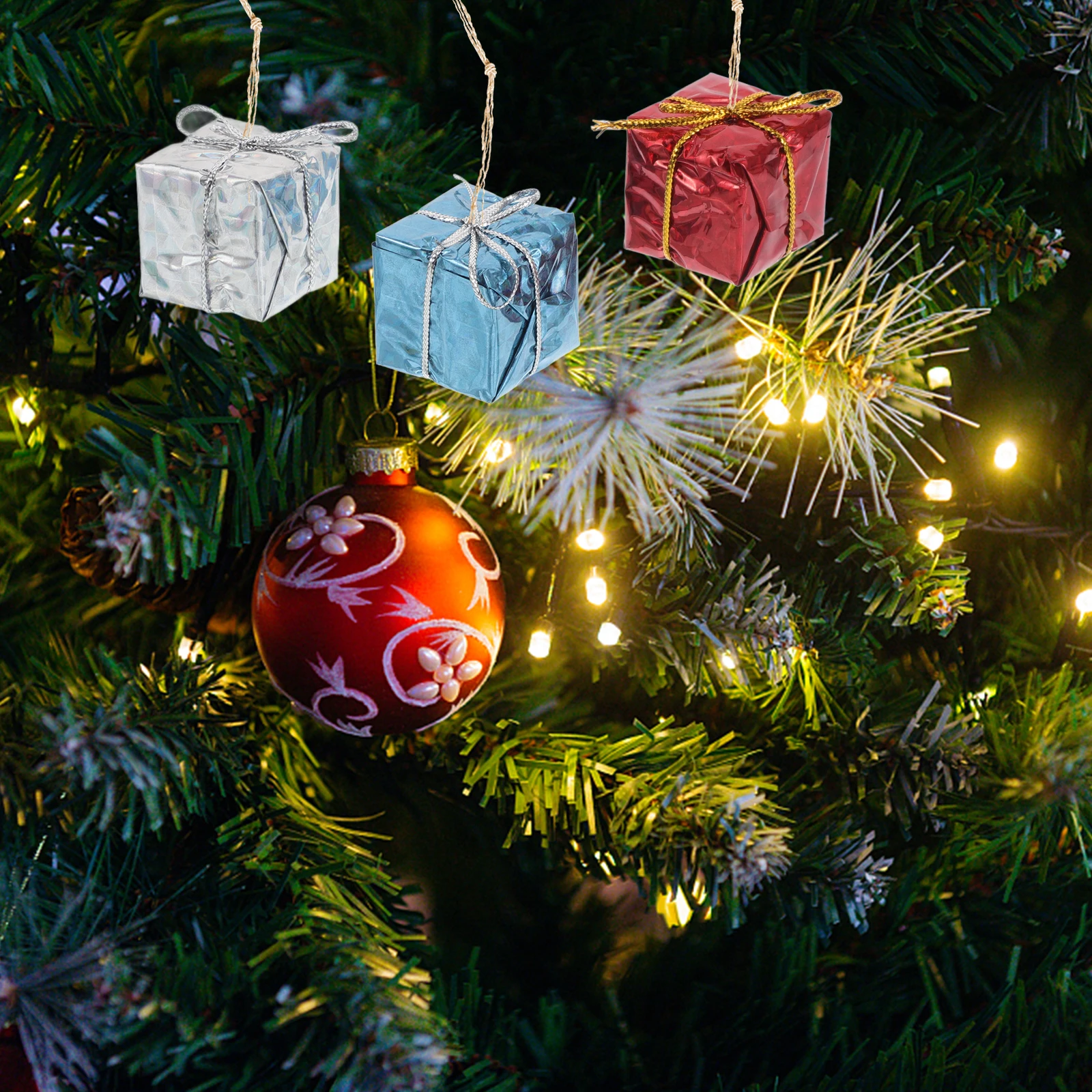 

72 Pcs Christmas Decorative naments Aluminum Foil Gift Boxes Mini Wrapped Simulation Tree Pendant for Home Party