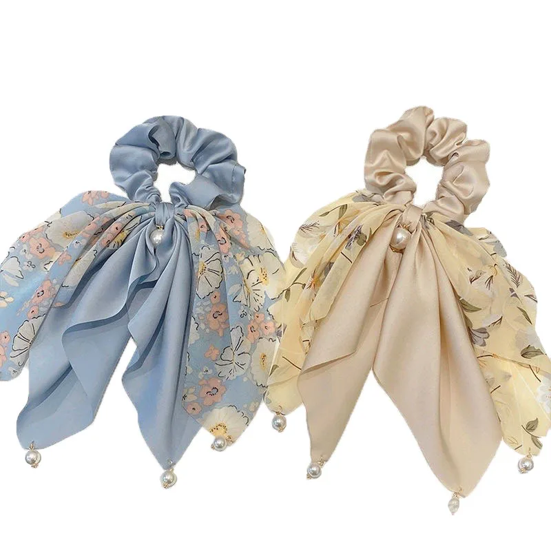 Beautiful Print Bow Scrunchies Hair Ribbon for Women Elastic Hair Bead Band Girls Horsetail Hairs Ties Hair Accessories