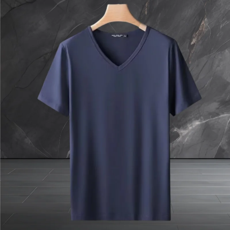 2025 men's short sleeved T-shirt loose and breathable plus size T-shirt top summer thin solid color V-neck home clothing base s