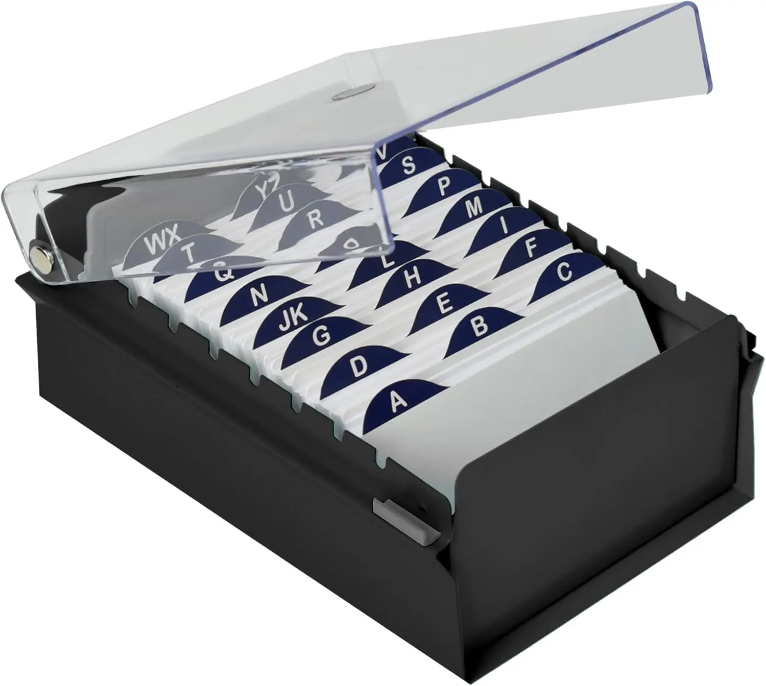 

Heavy Duty Metal Card File Holder Organizer Box with Clear Lid, Includes Index Cards and Dividers (Black)
