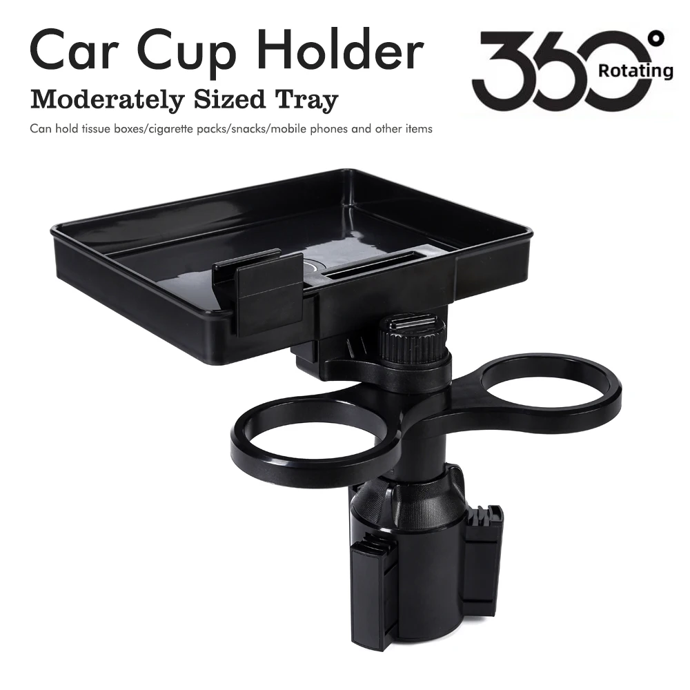 

360° Rotating Car Cup Holder Tray, Multifunctional Car Food Tray with Dual Cup Holders, Car Organizer for Snacks, Phone, Tissue