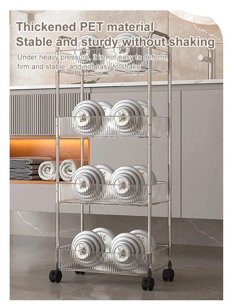 2/3 Tiers Rolling Cart Storage Shelf Transparent Acrylic Trolley Mobile Shelf with Wheel Multi-Layers Storage Rack