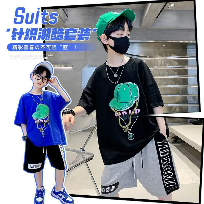 Summer Teenage Boy Girts Clothes Set Children Cap Print Top and Bottom 2 Pieces Suit Kid T-shirts Shorts Outfits Tracksuit