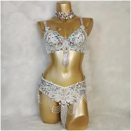 Costume de danse du ventre en cristal pour femmes, ensemble de 2 pièces, barre + ceinture, bikini, carnaval, gogo