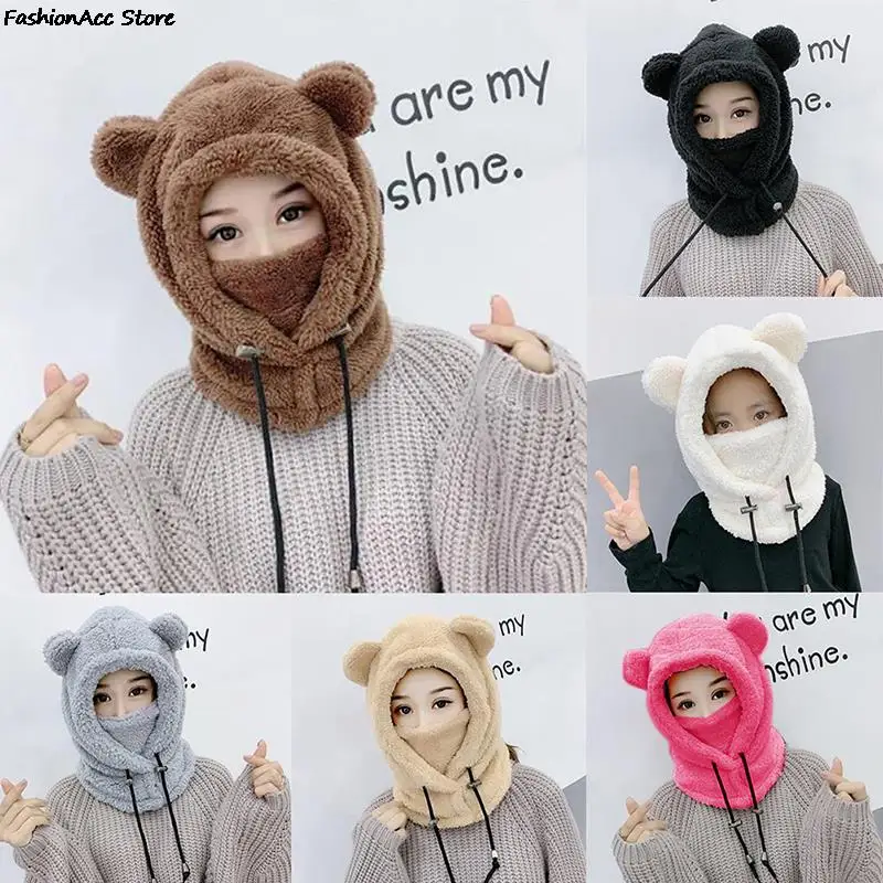 Cute Winter Earflaps Plush Bear Ears Hats adult Warm Mask for Outdoor Women Bonnet Hood