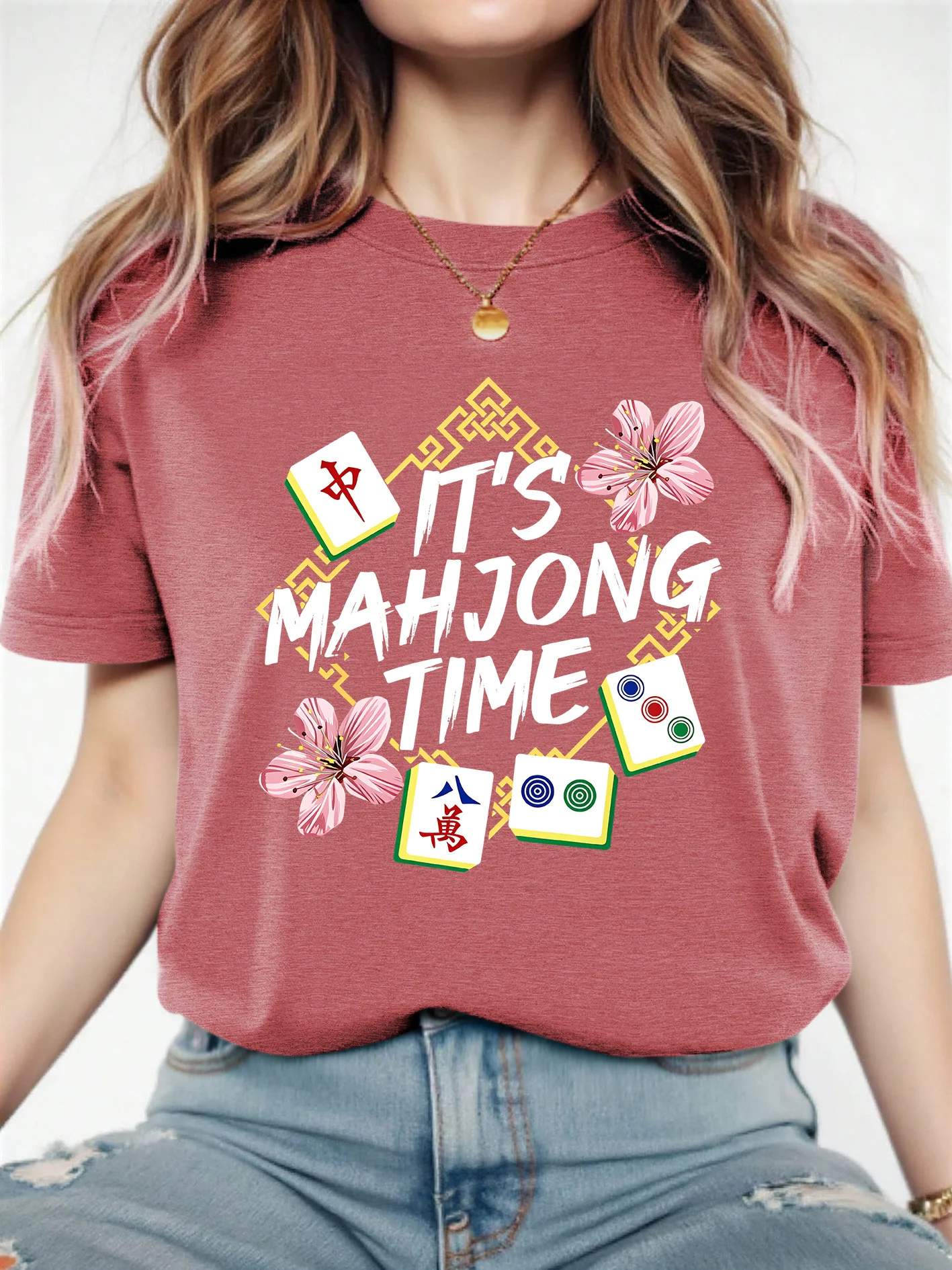 New Woman Mahjong-Themed Clothing T-Shirt Decorated with Colorful Mahjong Tiles and Floral Patterns for Casual Wear