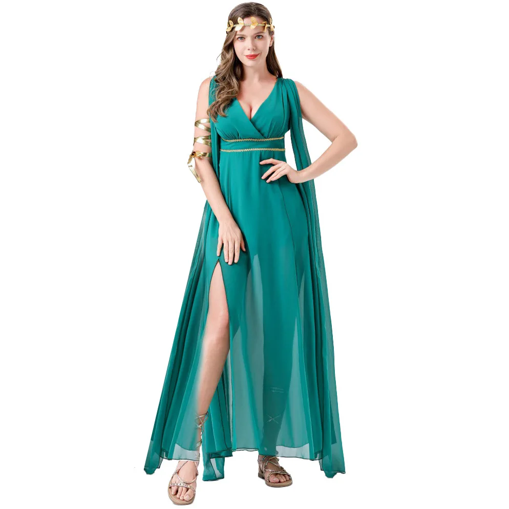 

Green Chiffon Long Dress Halloween Costume Lady Liberty Character Playacting Christmas Goddess Outfit Women's Fashion