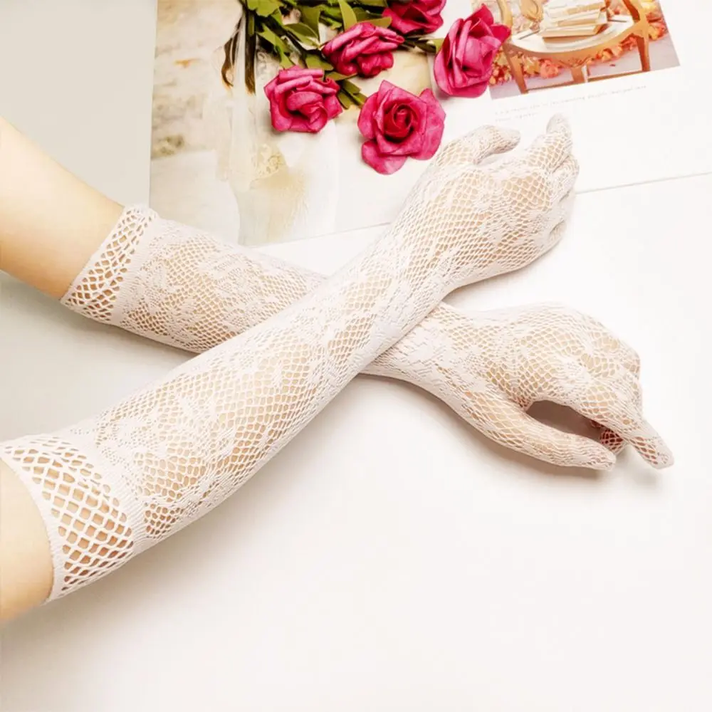 Guantes de encaje de rejilla con flores, protección solar, protector solar transparente, guantes largos, guantes de boda para novia, mitones finos de verano para fiesta