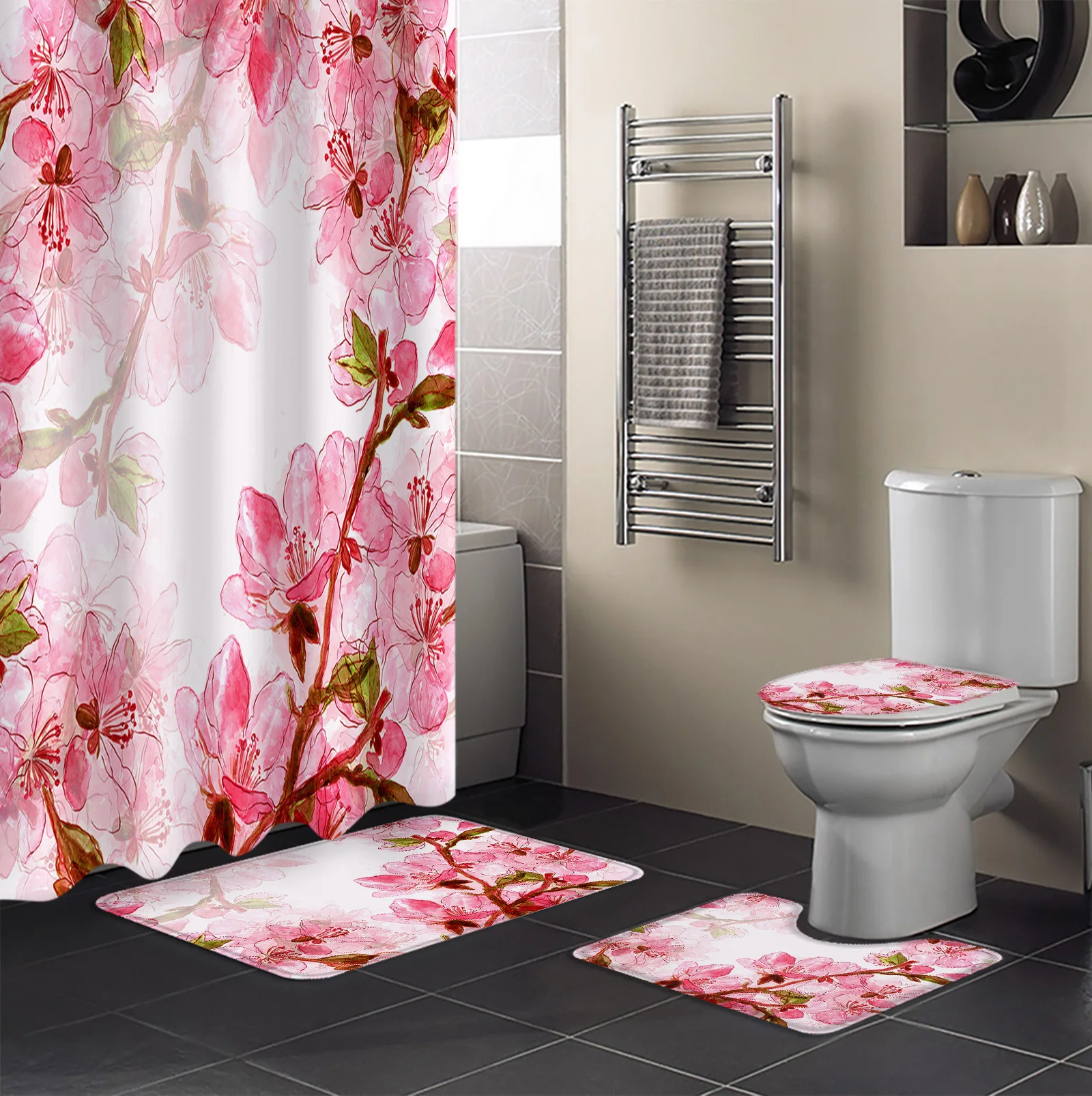 Watercolor Sakura Shower Curtain Sets Non-Slip Rugs Toilet Lid Cover and Bath Mat Bathroom Curtains Set