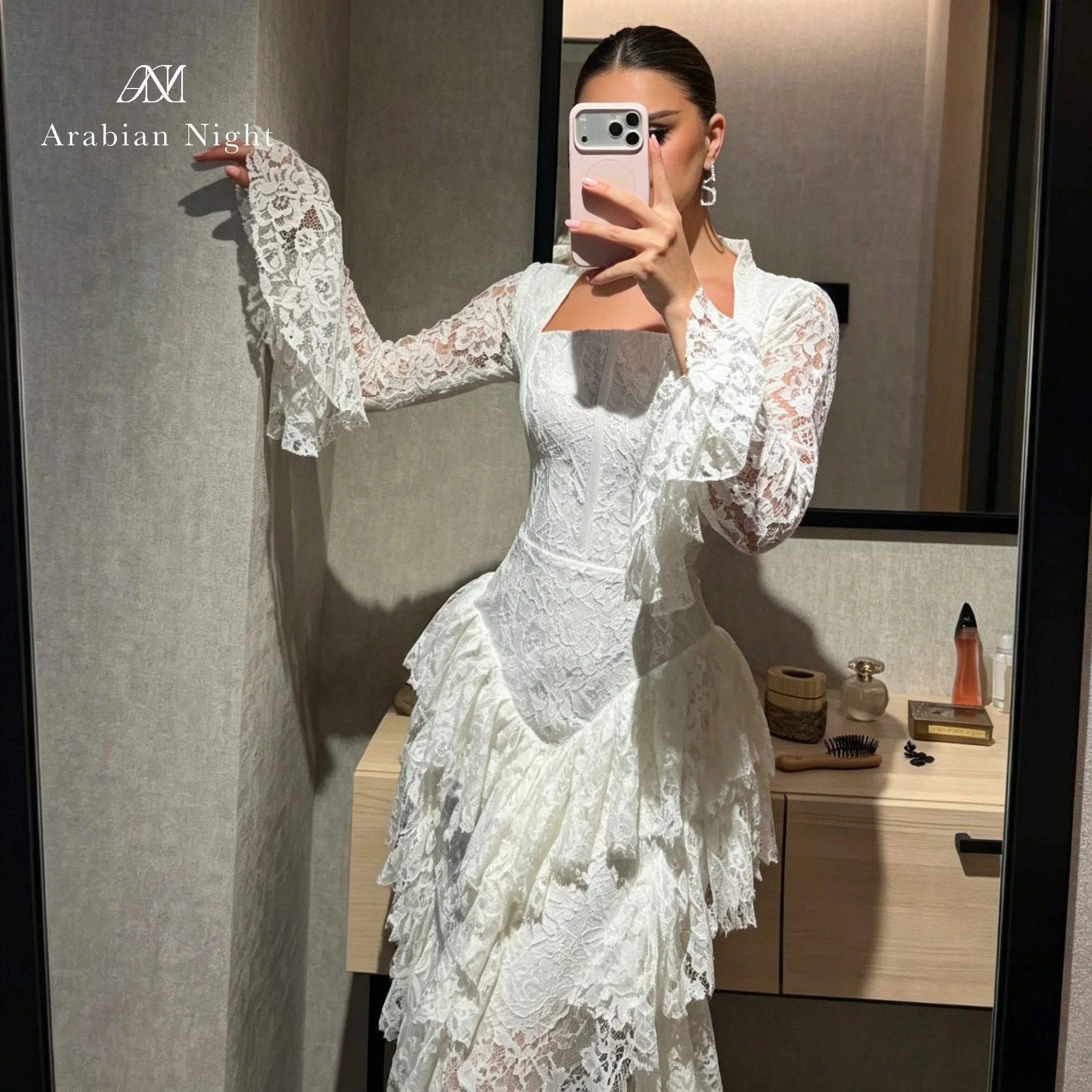 Elegant Full Lace Evening Dress Notched Square Neck Bell Sleeve Boned Corset Multi Layer Ruffle Mermaid Train Formal Long Gown