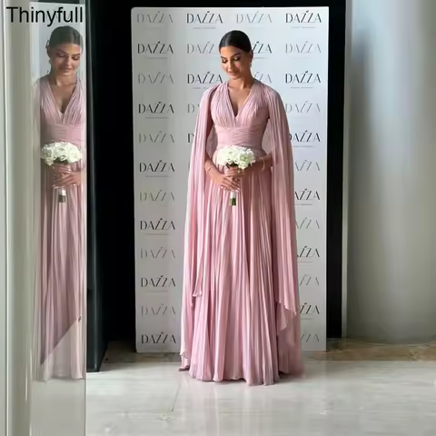 Thinyfull Arabic Elegant A-line Prom Dress V-neck Chiffon Floor-length Evening Dress Formal Event Gown Robe De Soir&eacute;e Customize