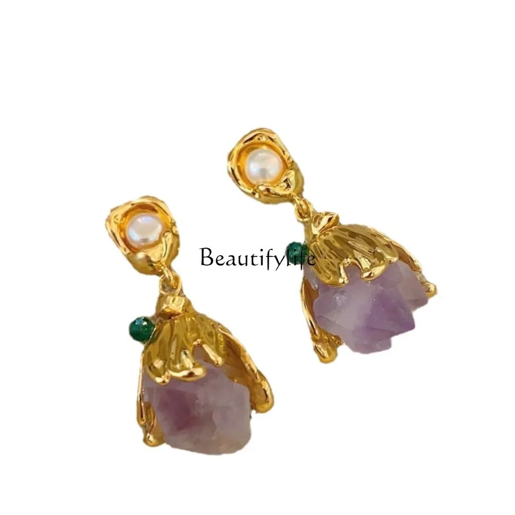 

Medieval retro amethyst stone earrings women's light luxury temperament advanced sense