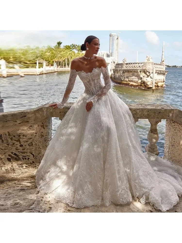 Boho Off Shoulder A Line Lace Appliques Wedding Dress Long Sleeves Vestidos De Novia Sweep Train Customized Bridal Gown