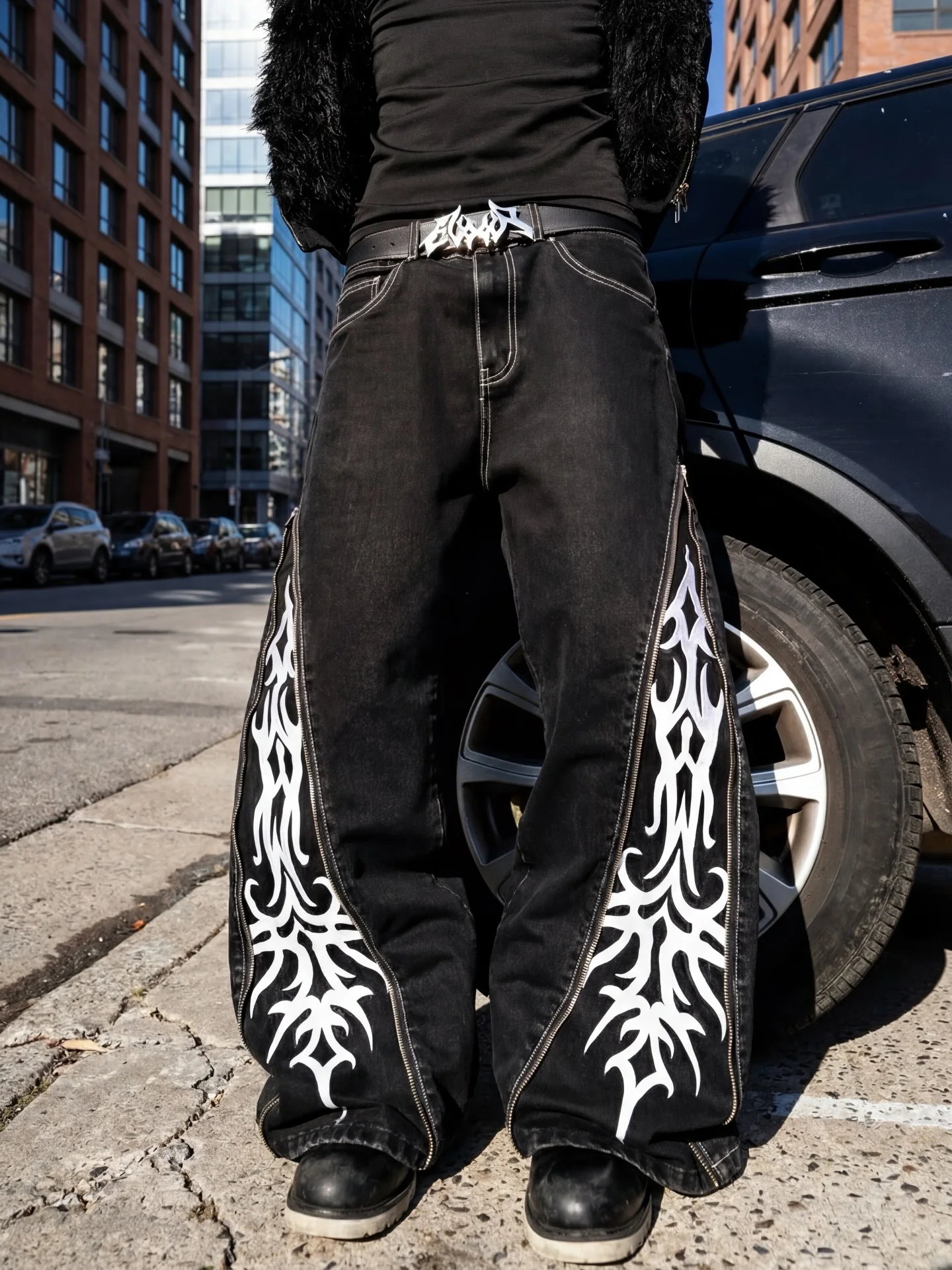 

Harajuku retro thorns printing baggy jeans y2K Korean-style hottie hip hop popular fashion casual Joker couple Wide-leg pants