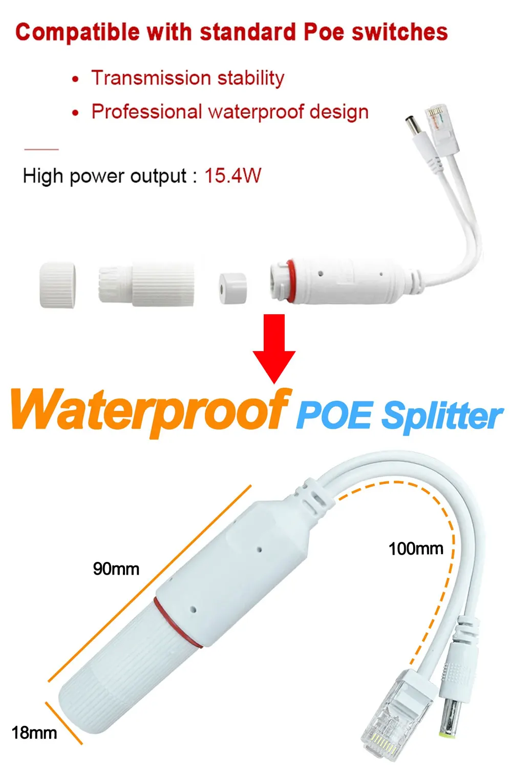 48V to 12V POE Spliter Waterprrof With Video And Power Adapter Cable Supply Module Injector for IP Camera Extender