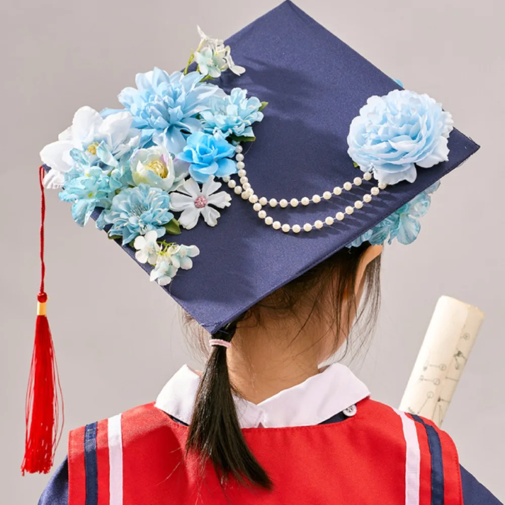 

Trencher Cap DIY Flowers Graduation Cap Bachelor Mortar Board Kids Academic Hat with Tassels Fringe Adjustable