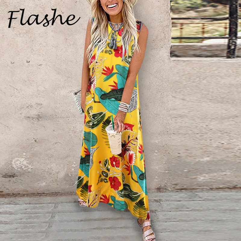 

Vintage Print Long Dress Women Summer Sleeveless Maxi Dresses For Women Casual Beach Holiday Dress Boho