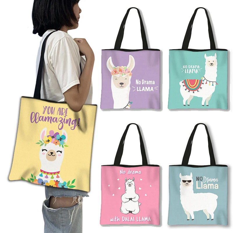 

Cartoon Animal Plant Alpaca Printing Tote Bag Woman Kawaii Llama Handbags Large Capacity Shopping Bag Canvas Shoulder Bags Gift