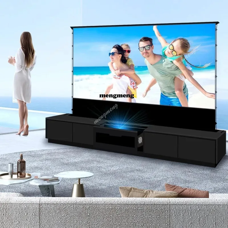 120'' Black Smart Laser TV Cabinet +UST ALR Projector Screen Motorized Floor Rising Screen for Ultra Short Throw Laser Projector