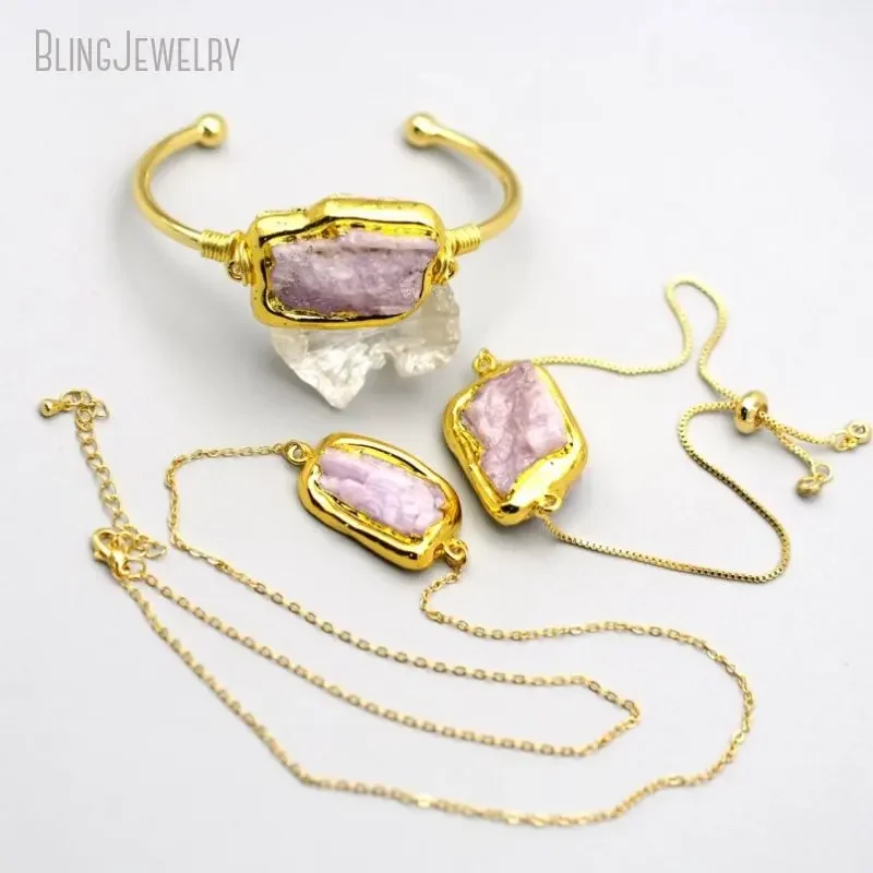 

Gold Color Dipped Kunzite Natural Stone Link Chains Necklace Bangle Bracelet Cuff Bridal Jewelry Sets Women Boho Accesorios