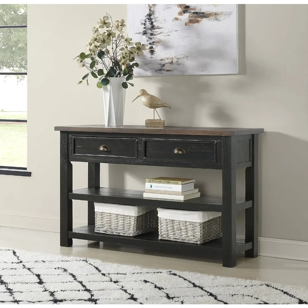 Solid Wood, Console/Sofa Table, Black with Brown Top