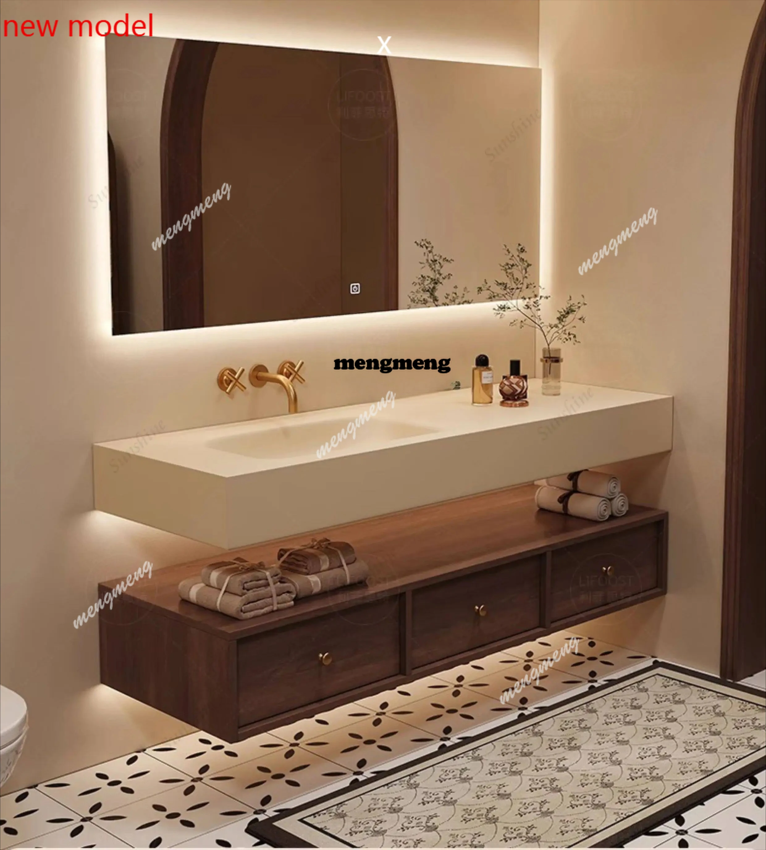 

H134Medieval Style Rock Slab Hot Bending Integrated Basin Custom Bathroom Washbasin Storage Cabinet Armoires De ambre