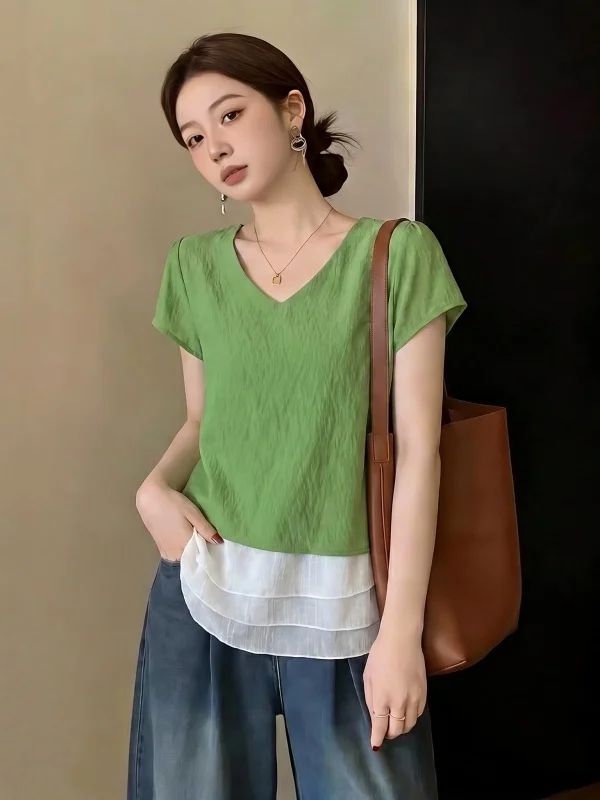 

Green V-Neck Shoulder-Length Women's Shirt Summer New plus Size Flounce Hem Korean Style Loose Fit Commute Style Short Sleeve