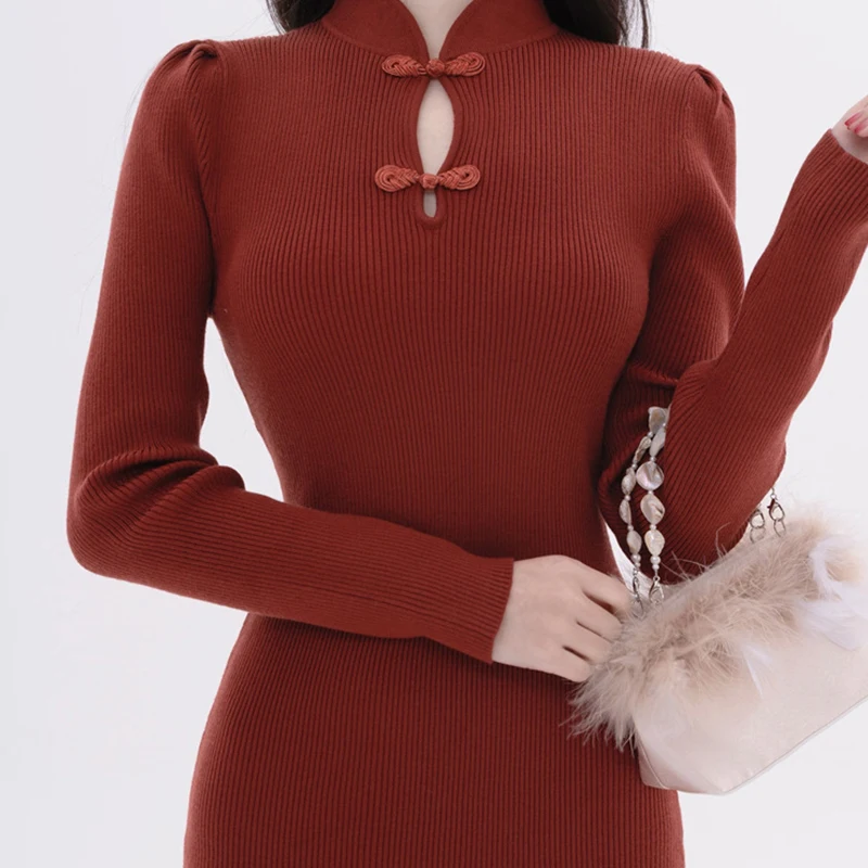 

Women Retro Elegance Improved Cheongsam Hollow Sexy Slim Knitted Long Sleeve Dress Female Qipao Lady Traditional Chinese Costume