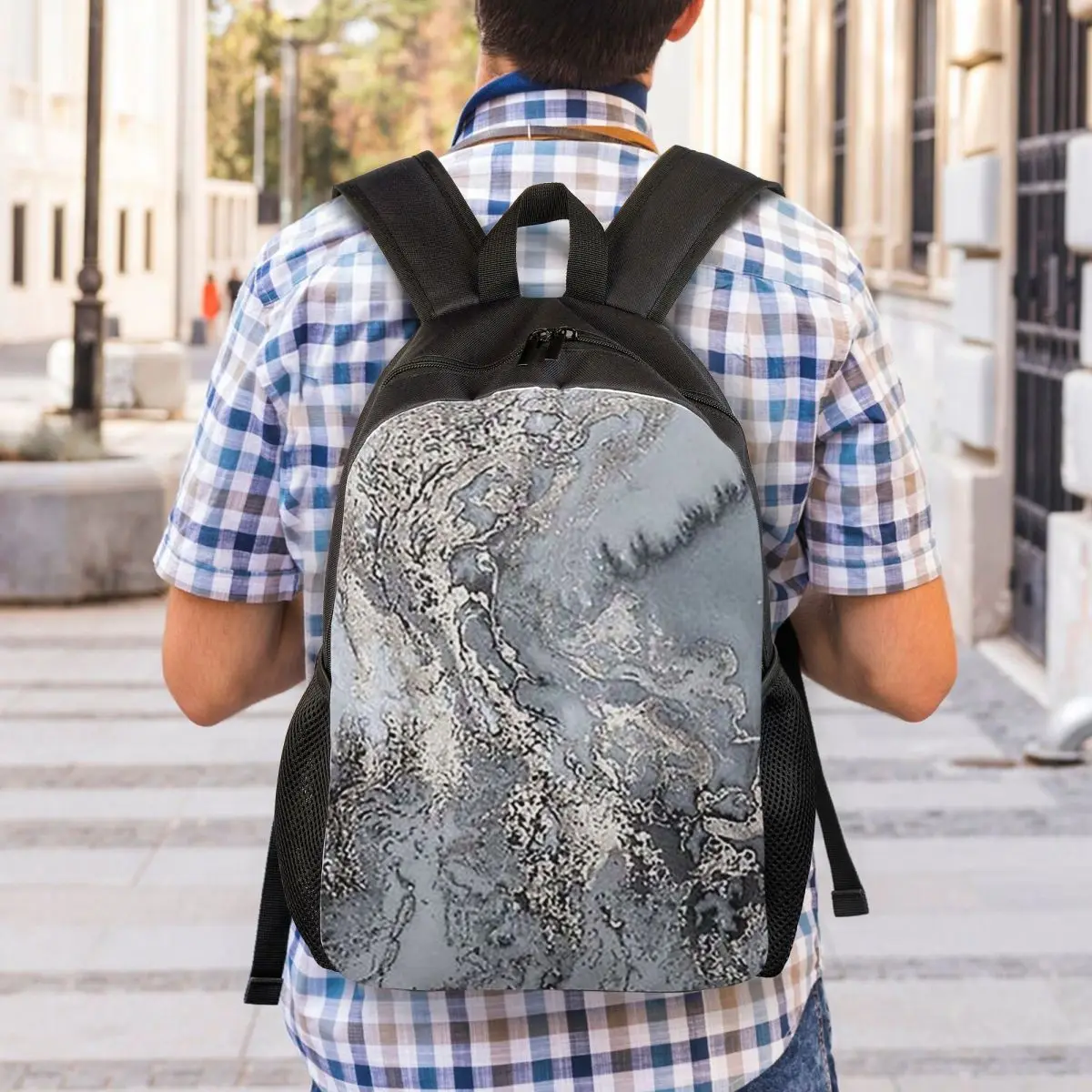 Grey And Silver Marbl Backpack Student Boys Girls BookBag School Bag Laptop Shoulder Bags