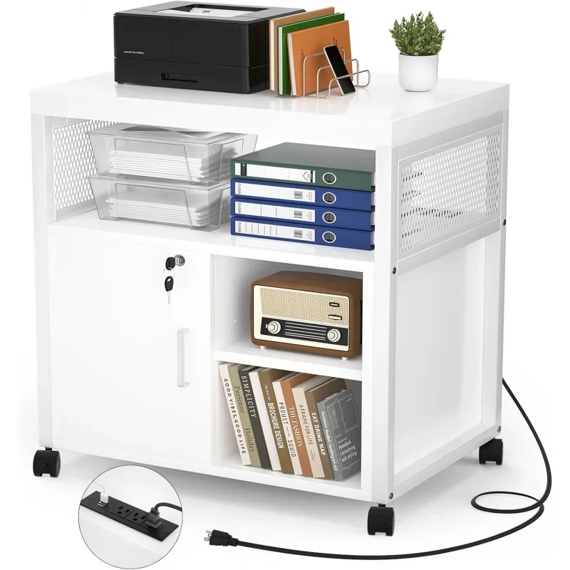 Rolling File Lateral Office Filing Cabinets Socket and USB Charging Port, Modern Printer Stand on Wheels, Cabinet with Door Open