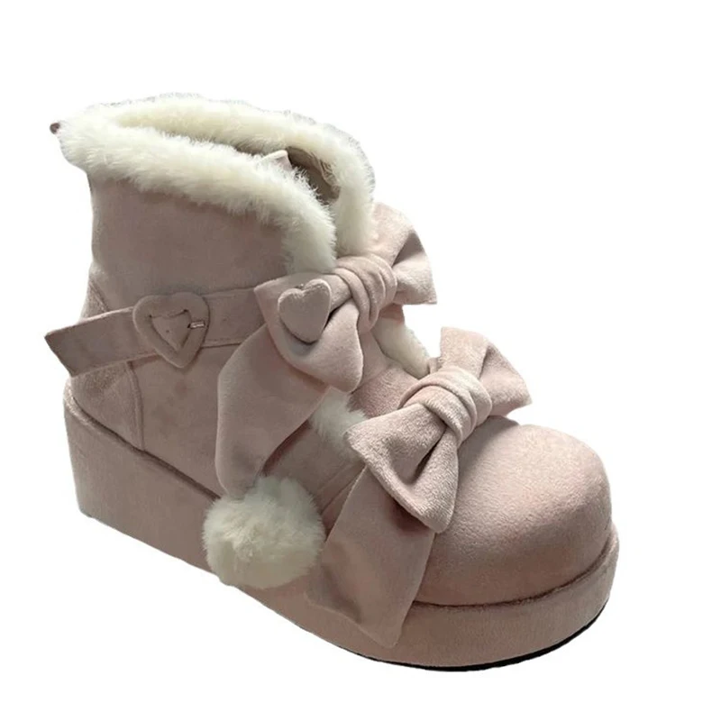 Sweet Winter Girls Lolita Ankle Snow Boots,Plush Warm Bowknots Wedge Heel Heightening Shoes