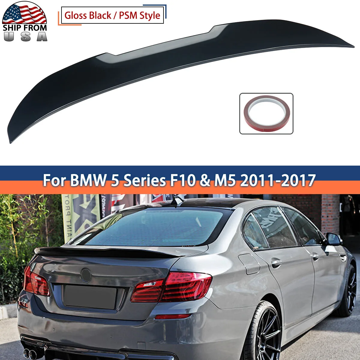For BMW 5 Series F10 Saloon 518d 520d 2010-2017 Gloss Black Rear Upper Bumper Trunk Boot Spoiler Splitter Diffuser Lip Wing Kit ABS