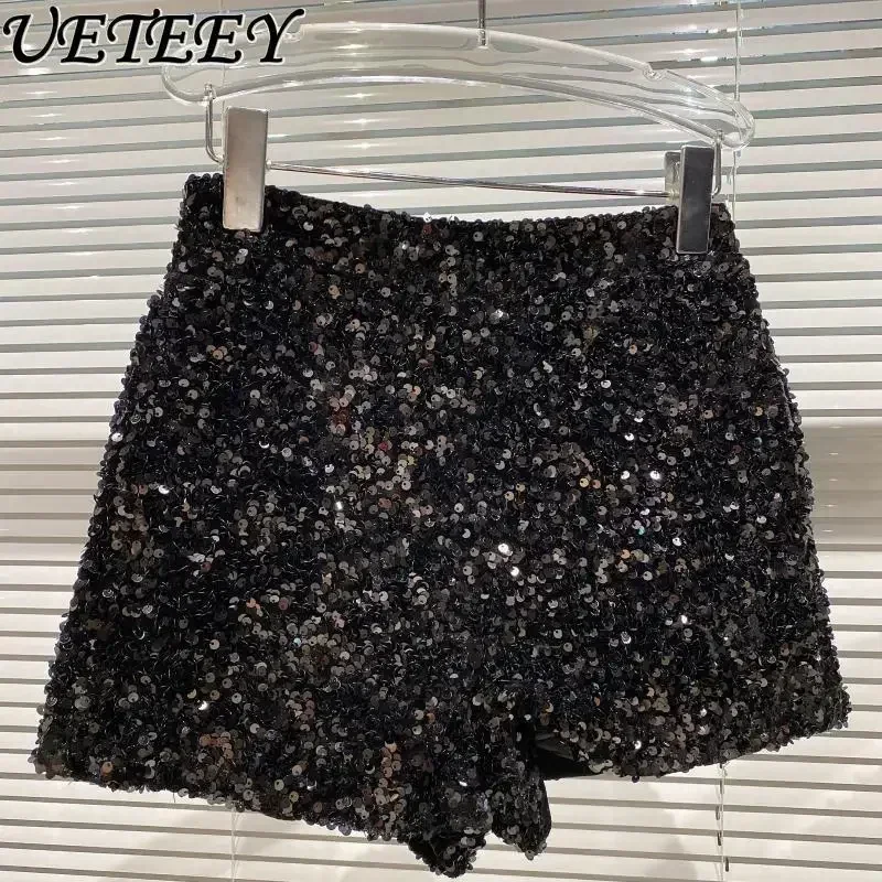 2025 New Summer Spring New Full Sequined Shiny Casual Shorts Heavy Zipper Nightclub Socialite Short Shorts Hot Pants for Women