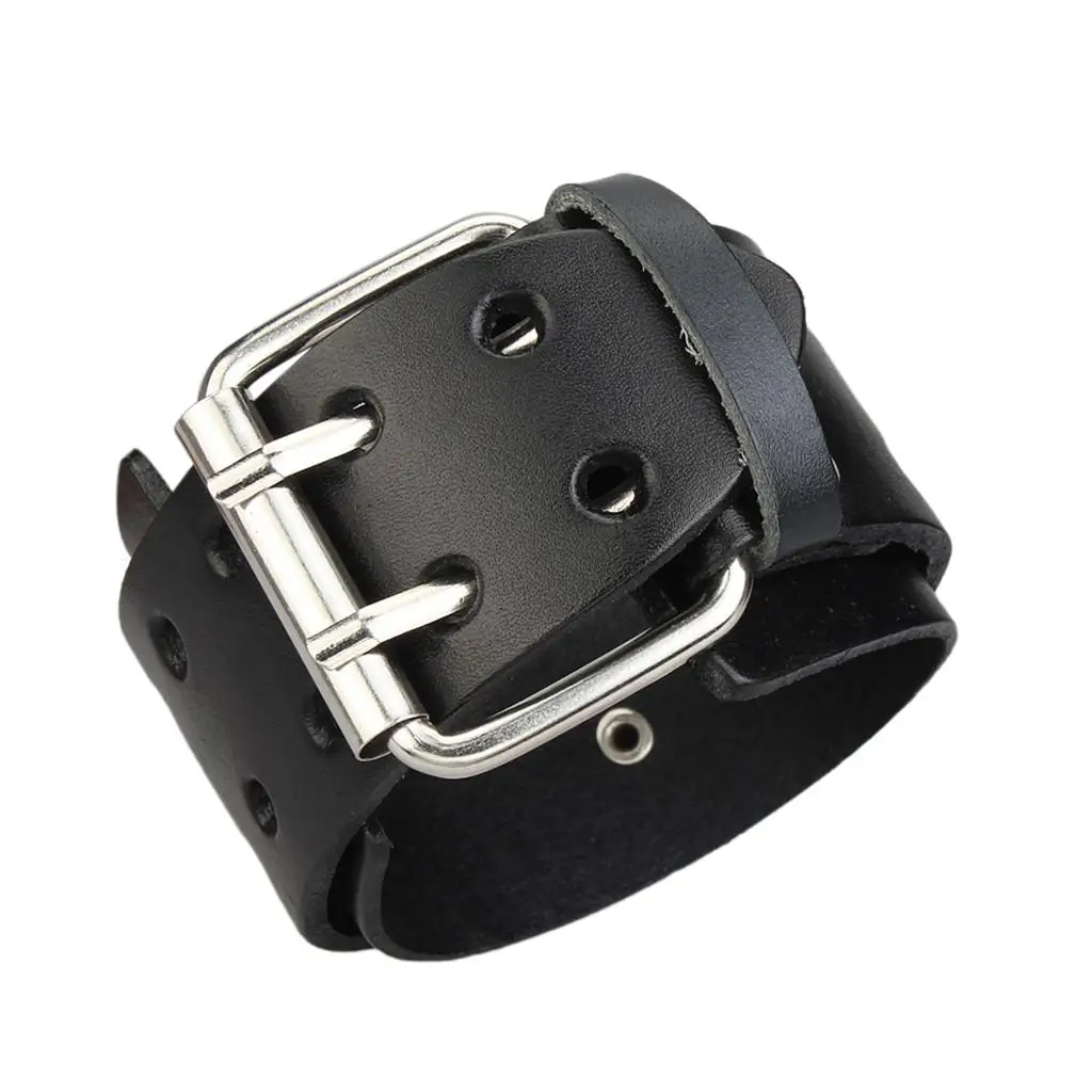 Men Cowboy Alloy Double Buckles Wide Adjustable Punk Large Leather Bracelet Cuff Bangle