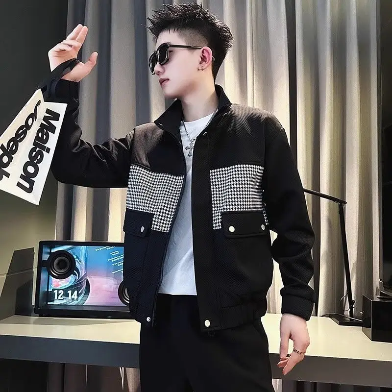 New Fashion Long Sleeve Jackets with Houndstooth Patchwork & Pocket Design Men's Clothing All-match Coats Zipper Trend Chic Tops