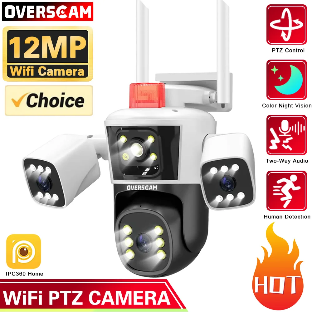 6K 12MP WiFi Camera Outdoor Three Lens Three Screen Panoramic View PTZ CCTV Waterproof Auto Tracking Video Surveillance CCTV Cam