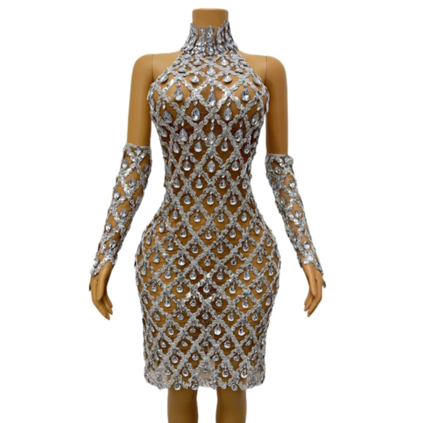 Vestido corto de lujo para fiesta de noche, graduación, diamantes de imitación, Sexy, sin espalda, transparente, disfraz de cantante puesta en escena, dorado y negro