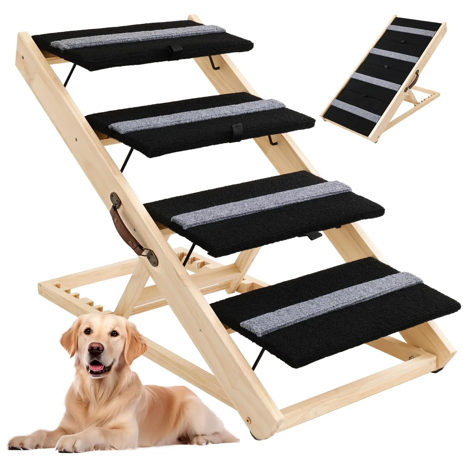 

Portable Pet Ladder Foldable Wooden Dog Stairs Ramp with 4 Steps Carpeted Pet Stairs for High Beds
