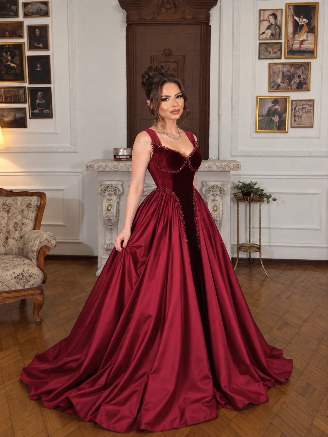 LumiGown Burgundy Velvet Satin Evening Dress Hand Beaded Sweetheart Neck A Line Formal Wedding Guest Party Gown Deep U Back Cus