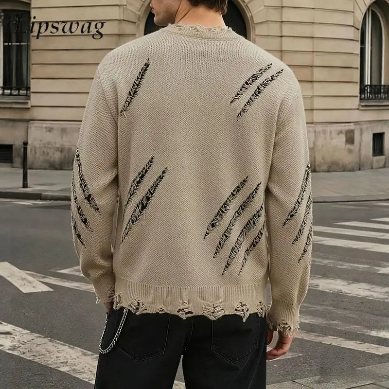 2026 Autumn Warm Ripped Pattern Knit Pullover Mens Fashionable Crew Neck Long Sleeve Tops Daily Outdoor Knitted Shirts For Male