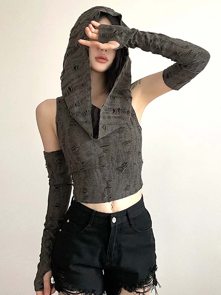 Y2K Crop Top Women Harajuku Vintage Hooded T-Shirt Female Sexy Grunge Fashion Hole Tee Ladies Summer Punk Camisetas Streetwear